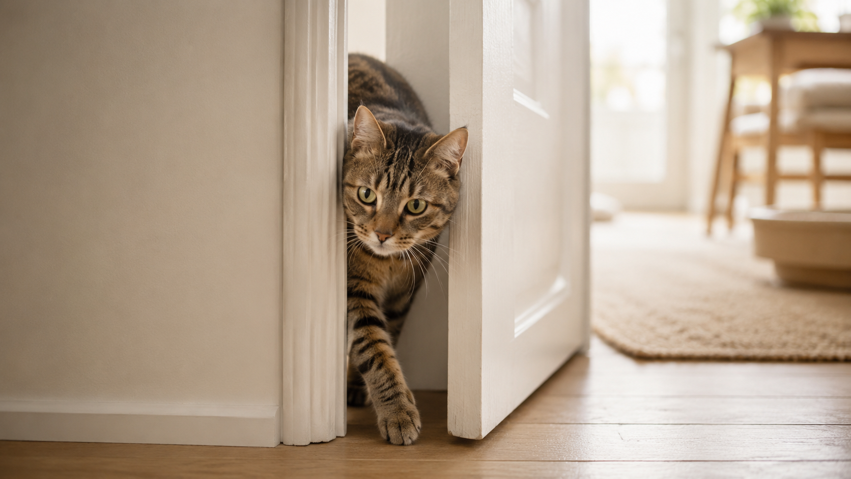 Tabby-Katze, die sich elegant durch einen schmalen Türspalt schiebt