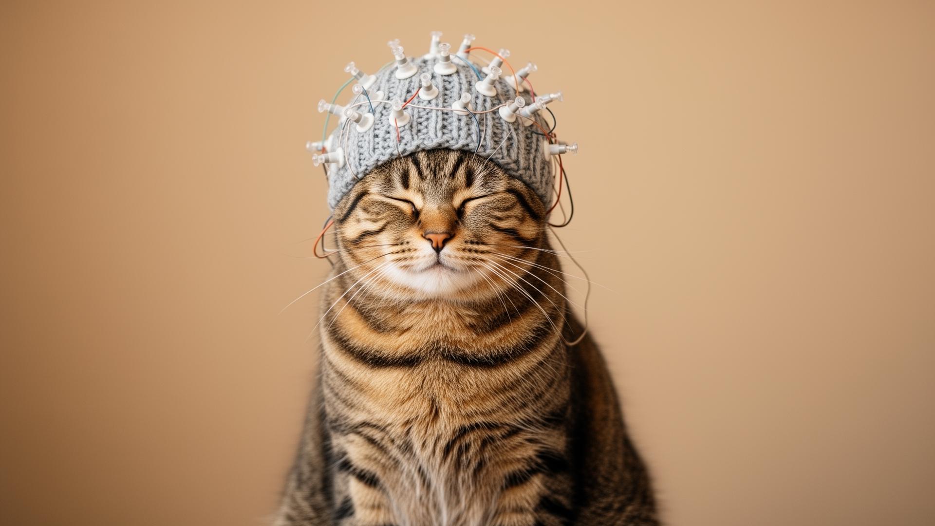 Entspannte Tabby-Katze mit gestrickter EEG-Wollmütze
