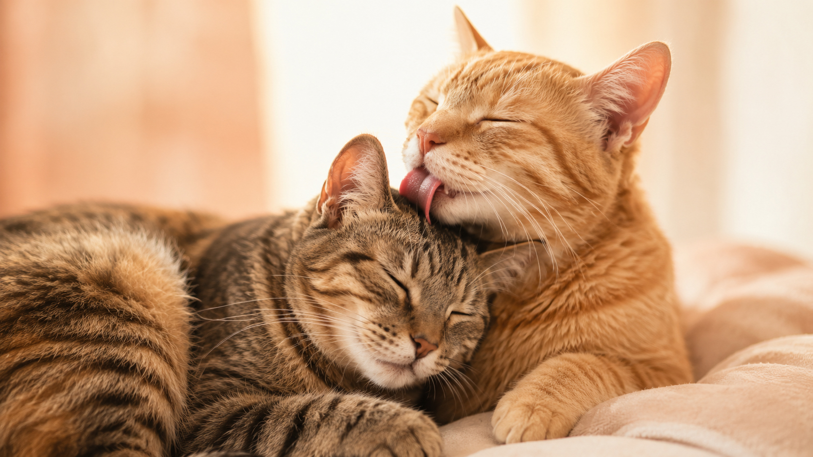 Zwei Katzen liegen eng beieinander, eine putzt die andere