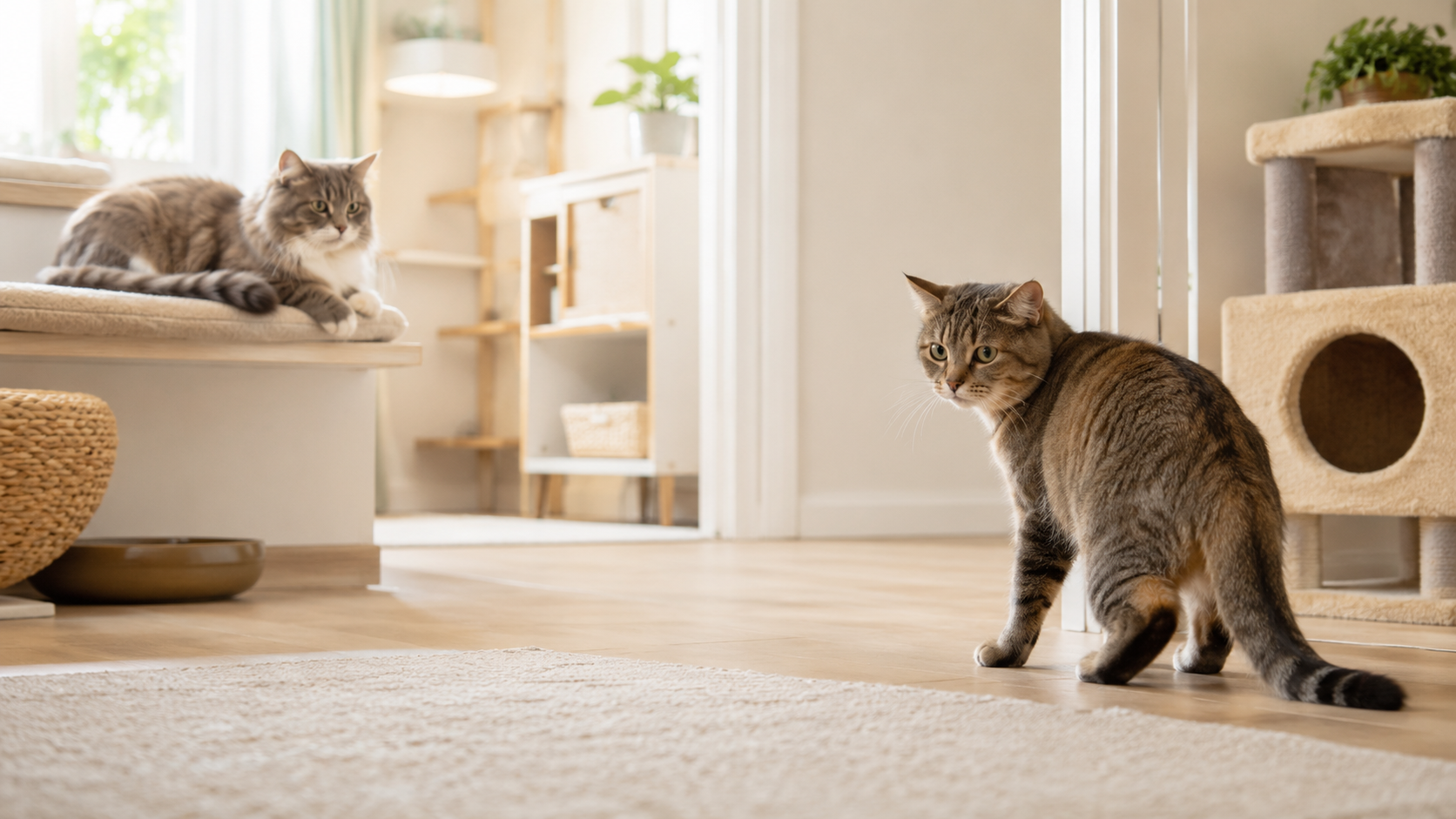 Zwei Katzen in einem Wohnzimmer – eine blockiert die Tür, die andere beobachtet von oben