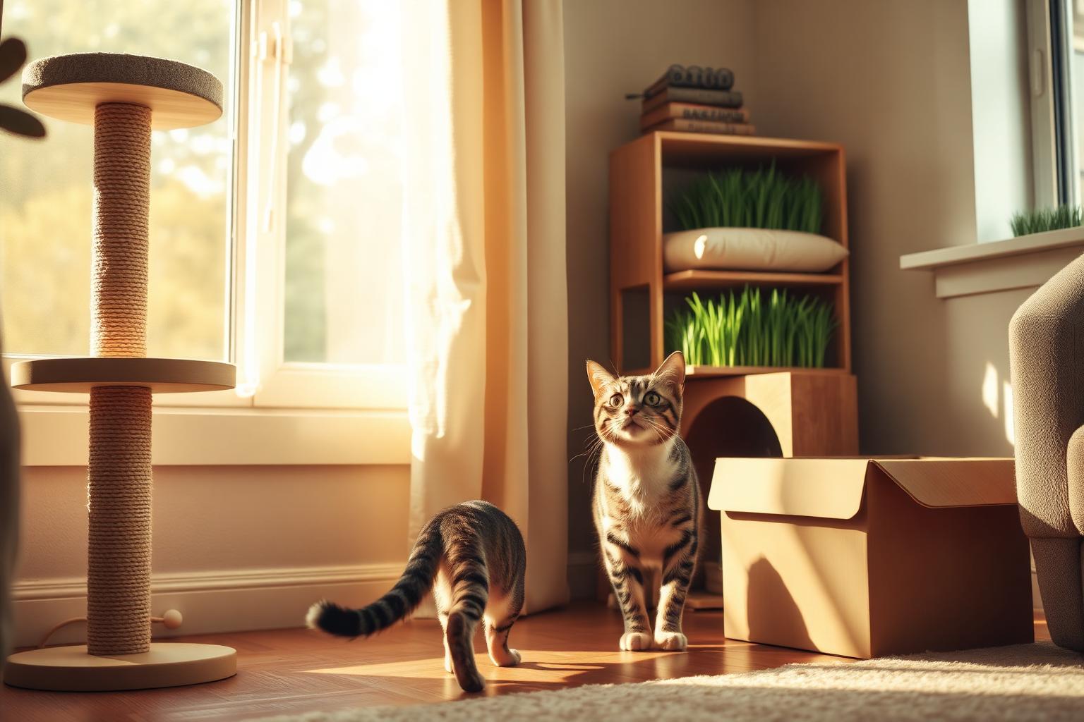 Tabby-Katze in einem Wohnzimmer mit Kratzbaum, Versteck-Box und Katzengras am Fenster