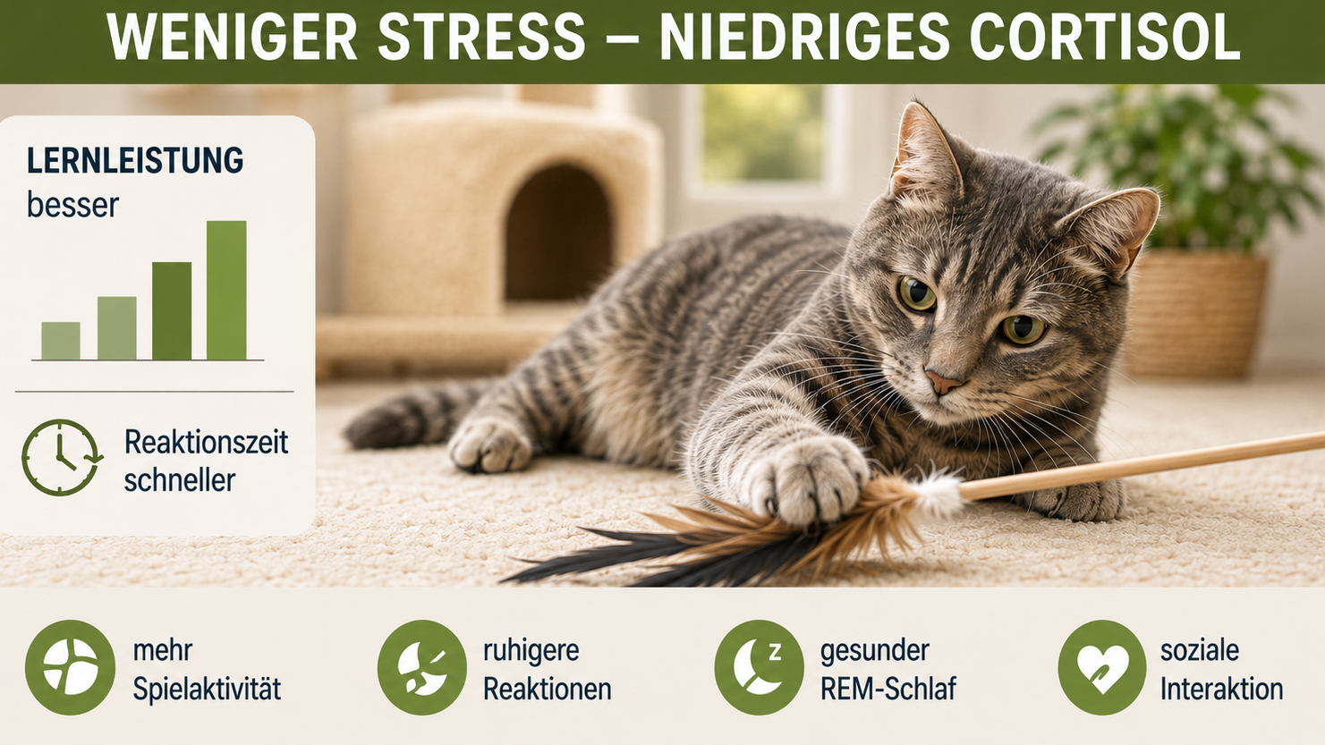 Entspannte Katze beim Spielen – niedriges Cortisol, bessere Lernleistung