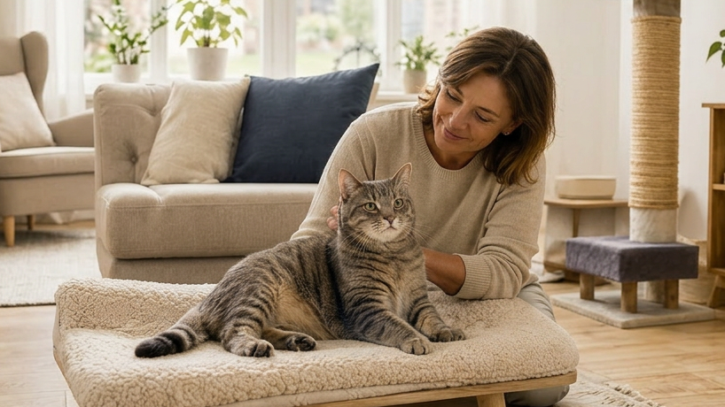 Frau streichelt zufriedene Katze im Wohnzimmer mit Symbolen für Wohlbefinden
